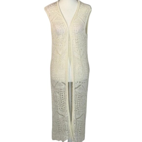 NEW Chelsea & Theodore Womens Sz M White Boho Peasant Beach Long Cardigan Vest - Picture 1 of 9
